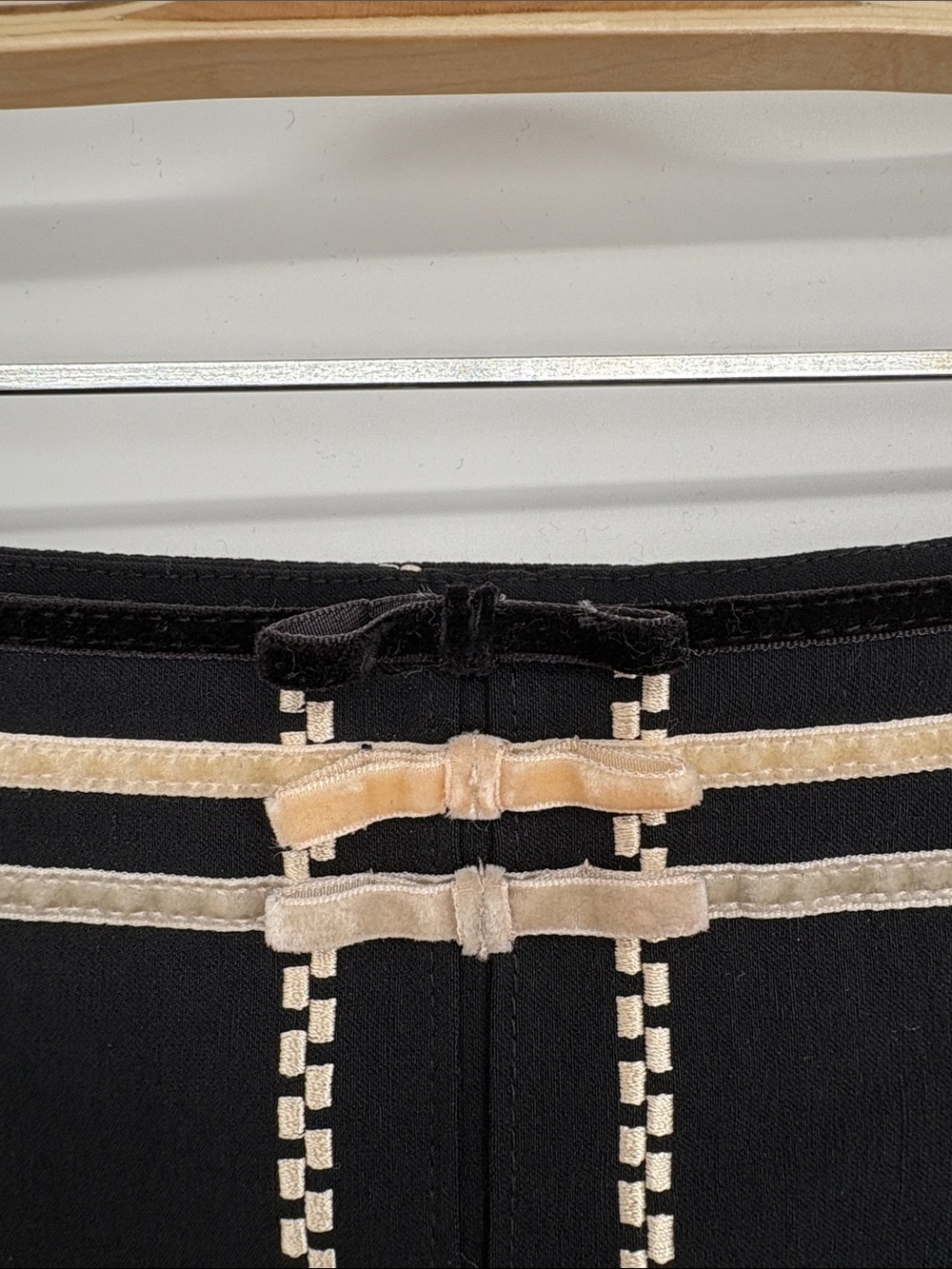 🧢 elevenses Black A-Line Skirt with Cream embroidery and velvet Trim Accents